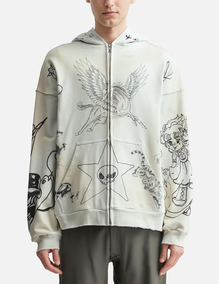 男士灰色 320GSM 重磅水洗拉鍊連帽衫，飾有全身印花圖案和做舊細節 1