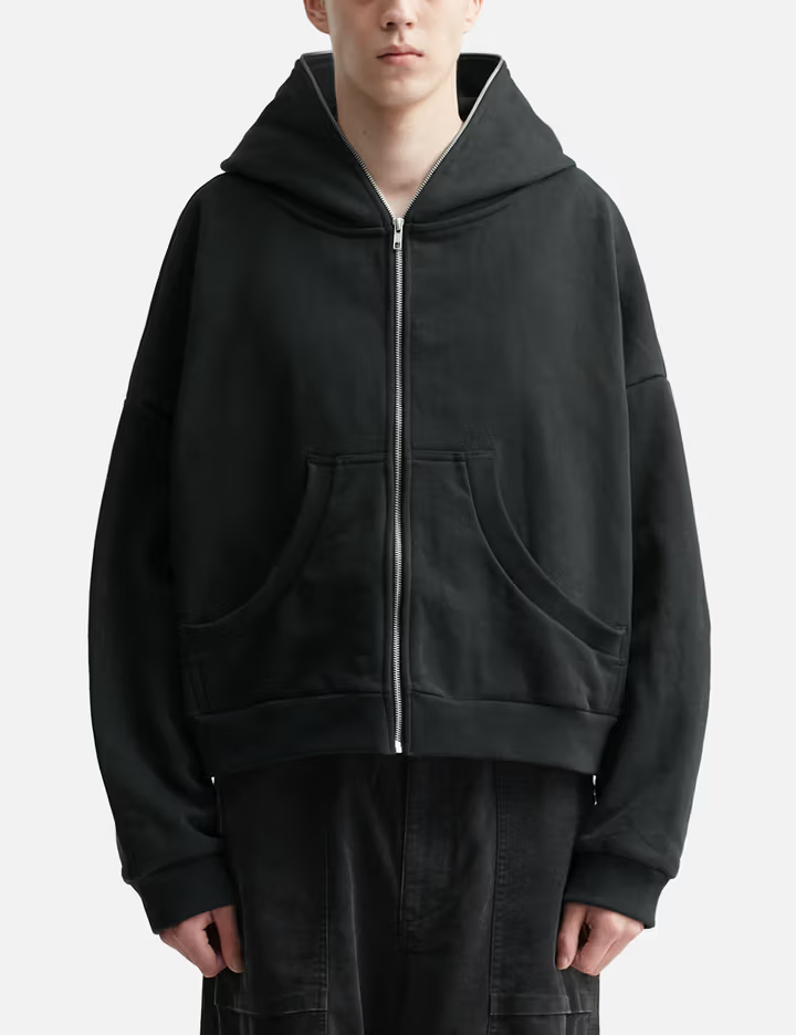 Sudadera con capucha corta con cremallera YKK de polar cepillado grueso negro de 510 g/m² para hombre 1