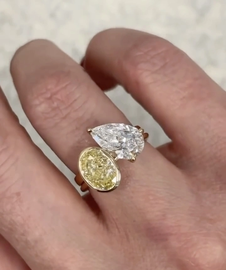 18K Custom Lab Diamond Ring 3.5ct Yellow Oval and Pear Bezel Ring Double stone Ring with IGI certification 1