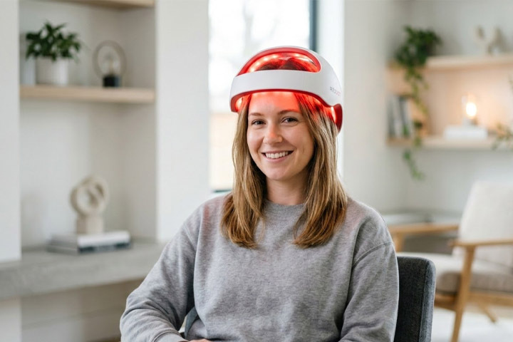 A woman is using a red light therapy device to treat her head at home. Red light therapy improves scalp inflammation 1