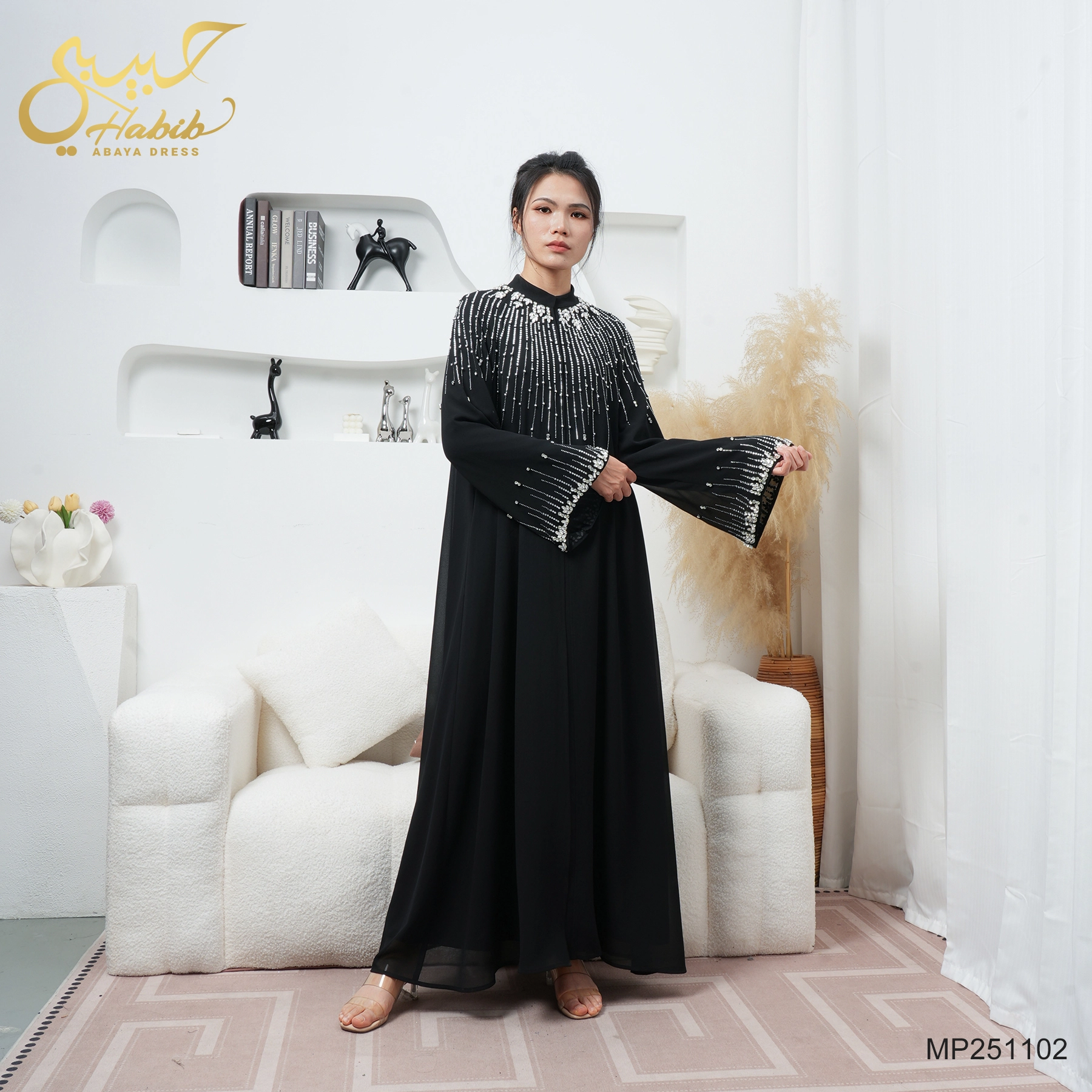Luxury Two-Piece Rhinestone Abaya Islamic Dress with Inner Slip Dress 1