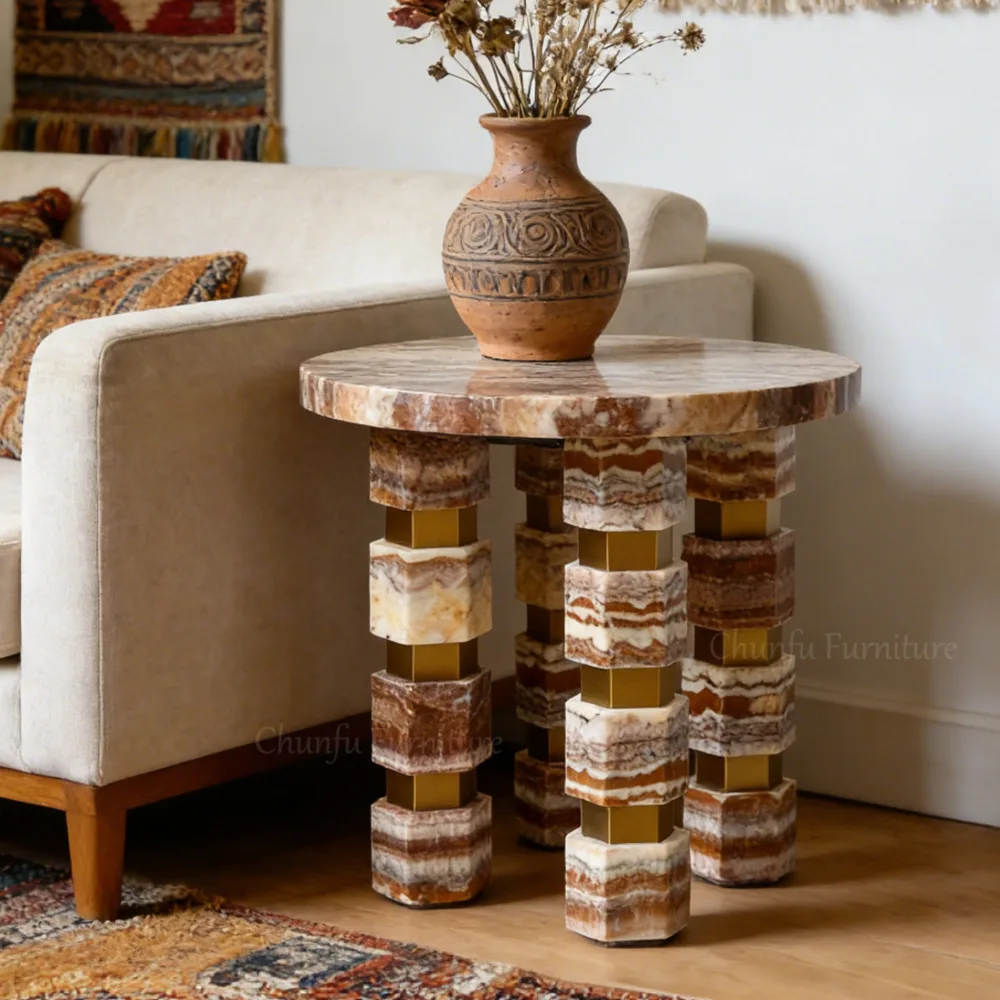Mesa auxiliar redonda apilable hexagonal de ónix natural Chunfu, mesa auxiliar moderna de lujo para sala de estar. 1