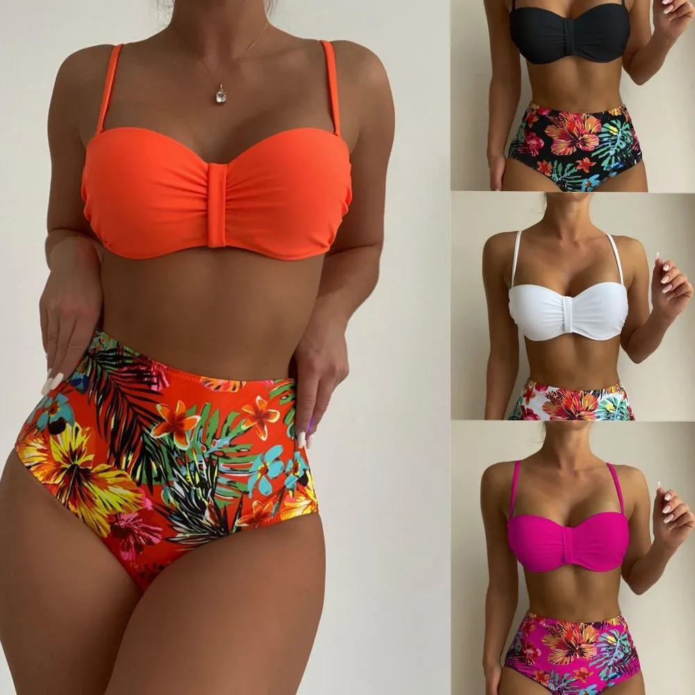 XCHR-0310 High Waist Lace Women's Recycled Fabric Floral Print Solid Color Bikini 2 Piece Set 1