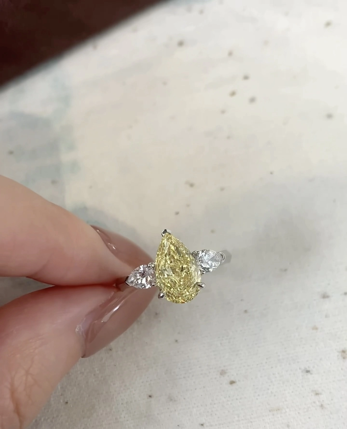 18K White Gold Custom Lab Grown Diamond Ring 1.5ct Yellow Pear Classic Three-Stone Ring Wedding ring 1