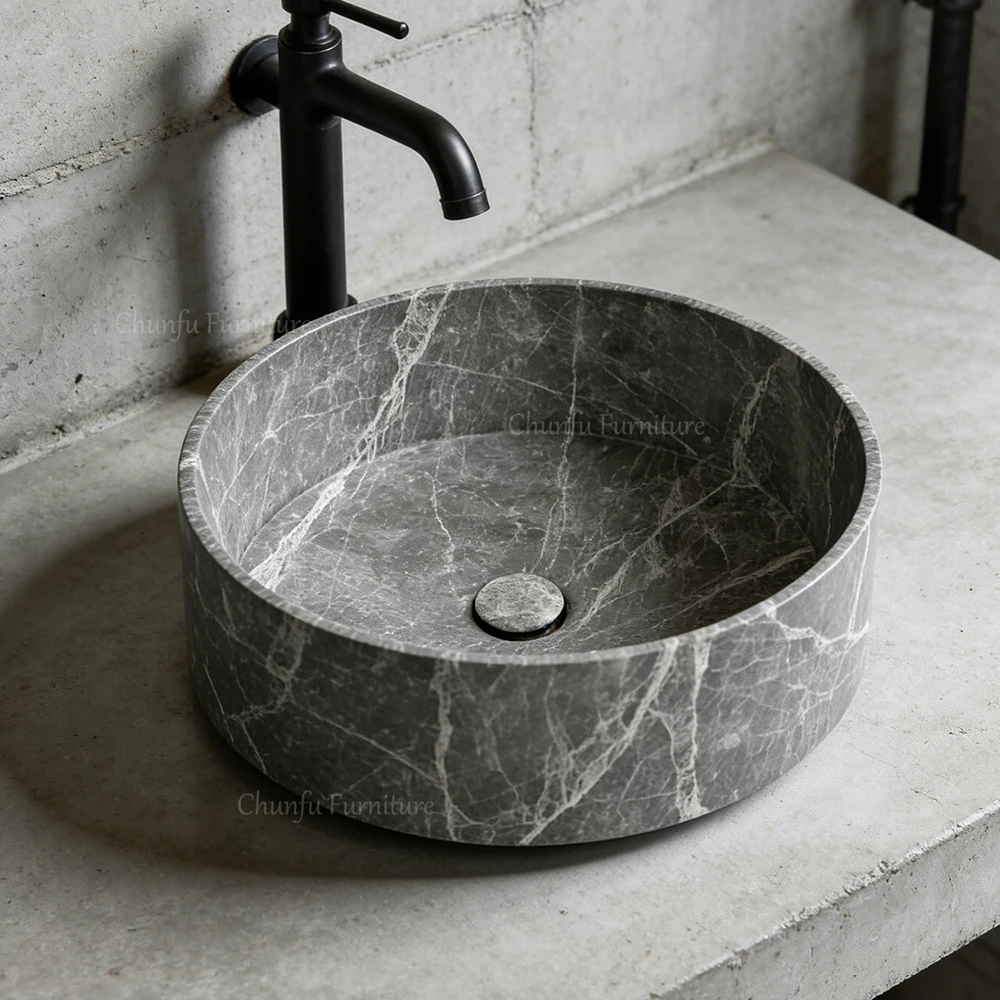 Chunfu Natural Hermes Grey Marble Round Vessel Sink  Modern Luxury Bathroom Basin 1
