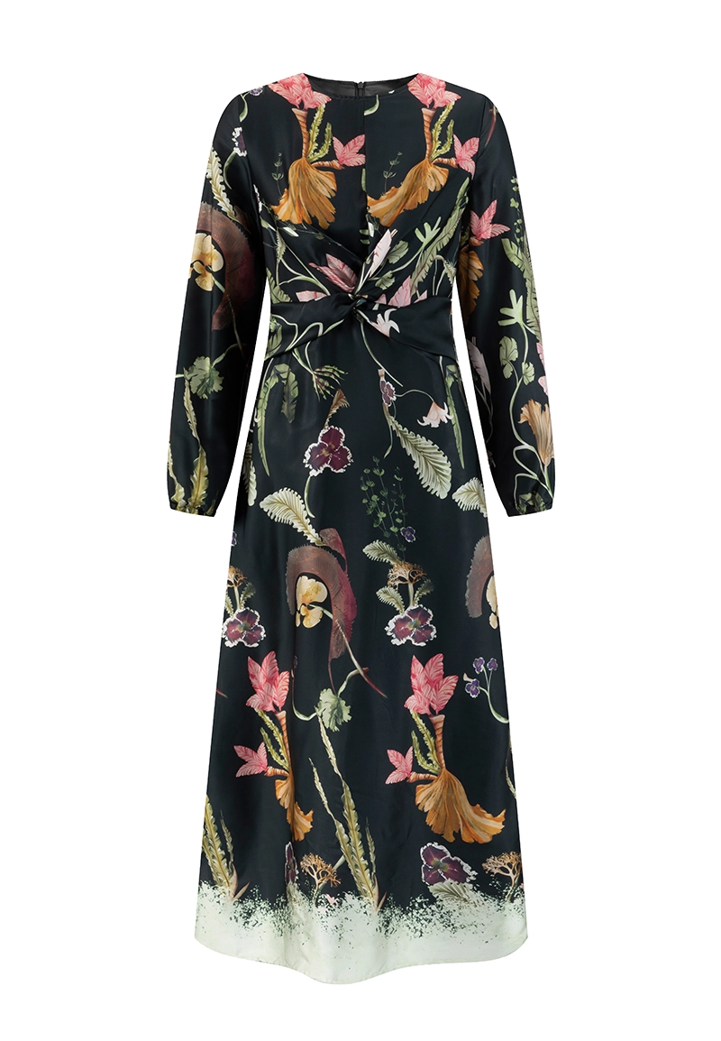 Women Black Botanical Print Satin Twist Waist Dress Vepeen Apparel 1