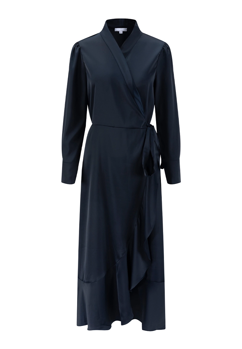 Women Elegant Navy Satin Wrap Dress with Ties & Ruffles Vepeen Apparel 1