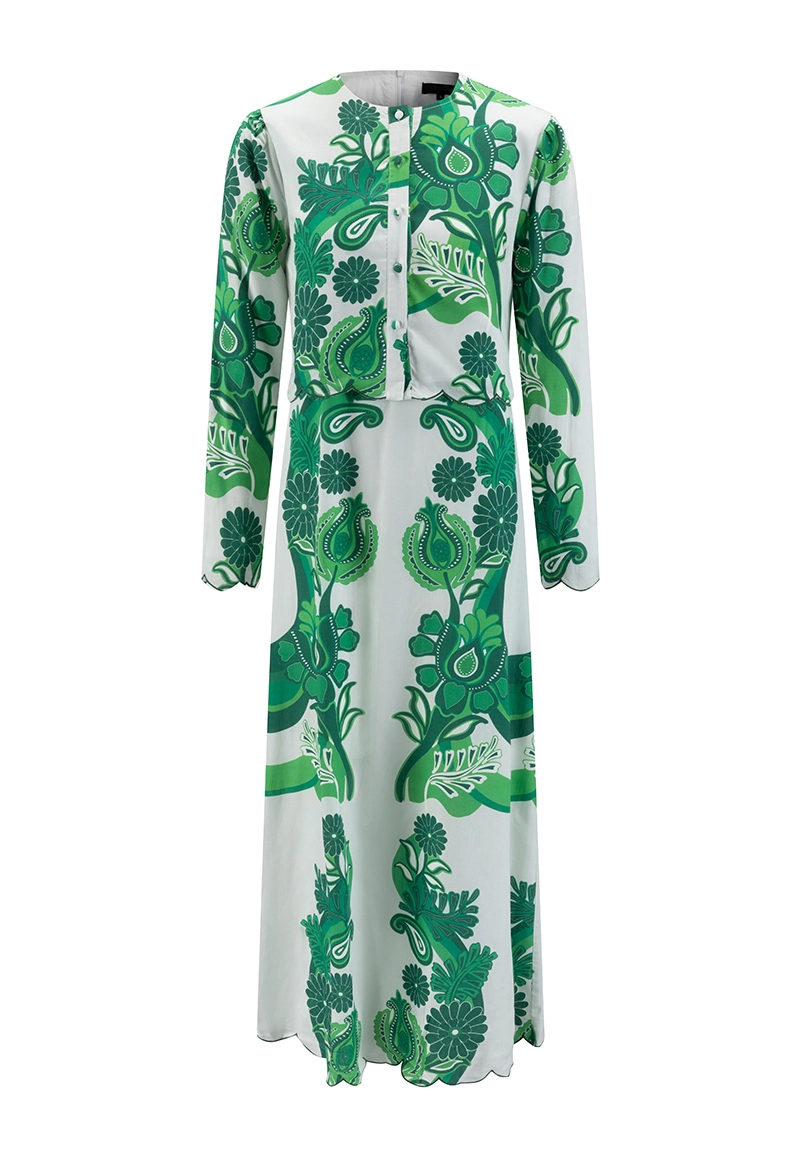 Women's Green Paisley Floral Print Long Sleeve Dress with Scalloped Edges Vepeen Apparel 1