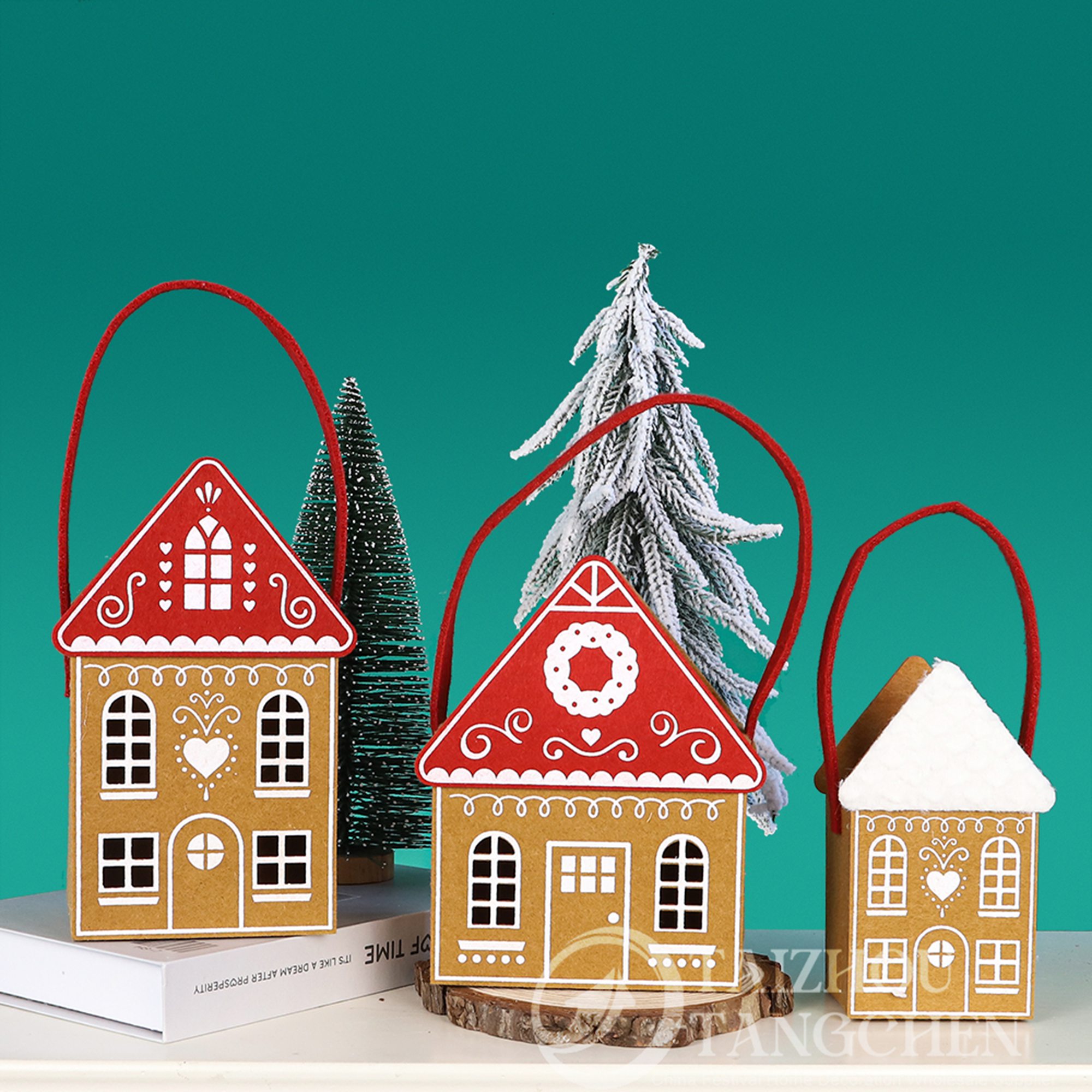 Bolsas de regalo navideñas con forma de casita de jengibre, dulces, recuerdos para fiestas y decoraciones navideñas. 5