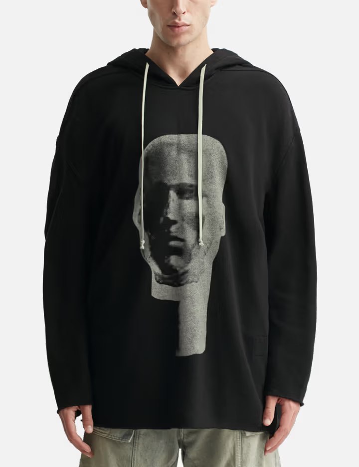 男女通用黑色420GSM重磅抓絨超大連帽衫，帶人臉印花和加長抽繩 1