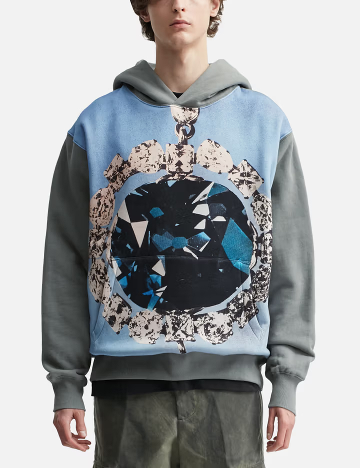 男女通用灰色338GSM拉絨抓絨寶石印花連帽衫，背面有刺繡Logo 1