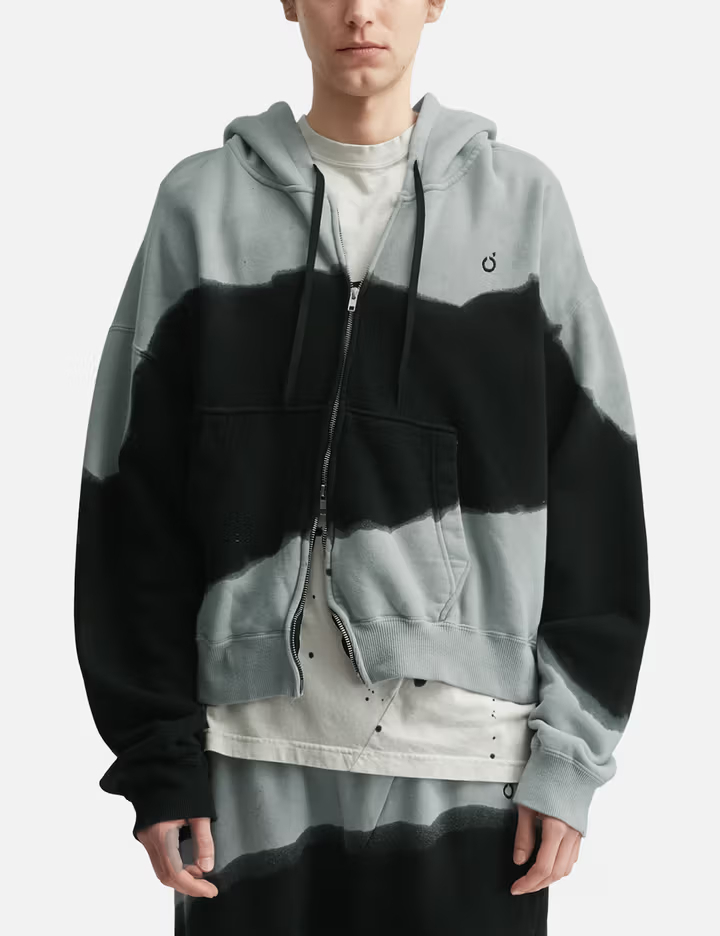 男女通用灰黑420公克重100%純棉手工染色波浪紋全拉鍊連帽衫 1