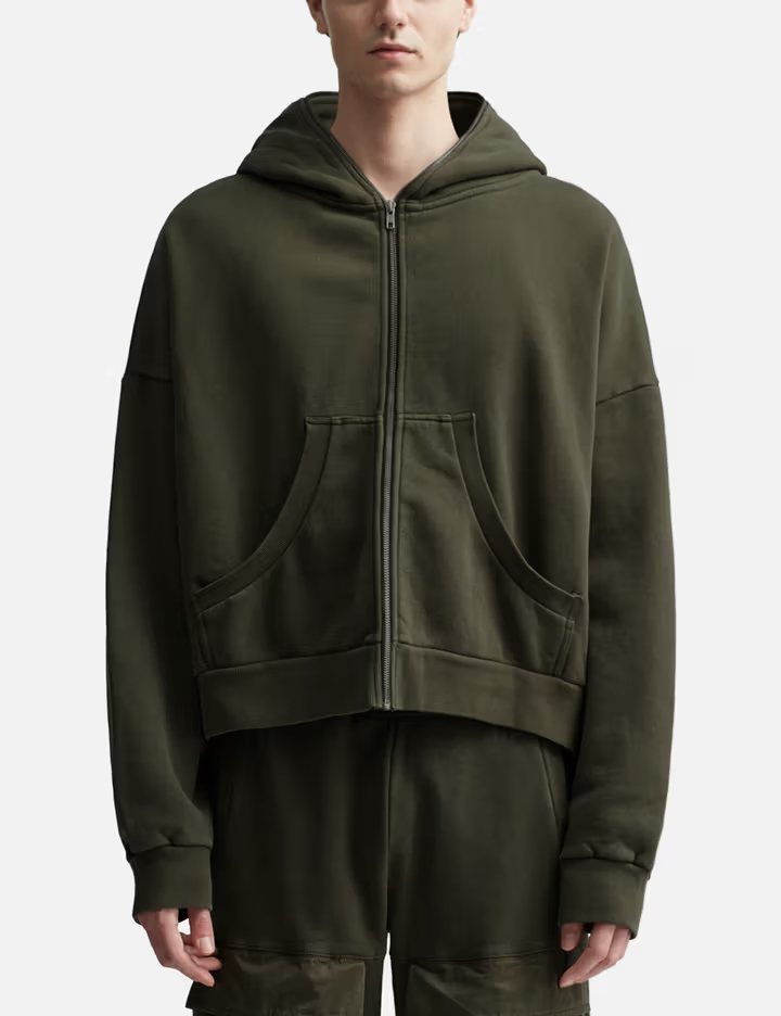 남녀공용 다크 올리브 색상, 420GSM 기모 오가닉 코튼 크롭 풀집 후드티 1