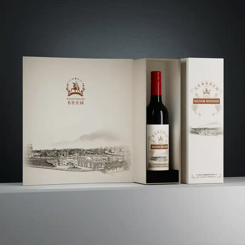 علب هدايا نبيذ بتصميم كتاب من إنتاج الشركة المصنعة، إغلاق مغناطيسي، طباعة بأربعة ألوان، نقش بارز، تغليف حسب الطلب، مواد معاد تدويرها 1