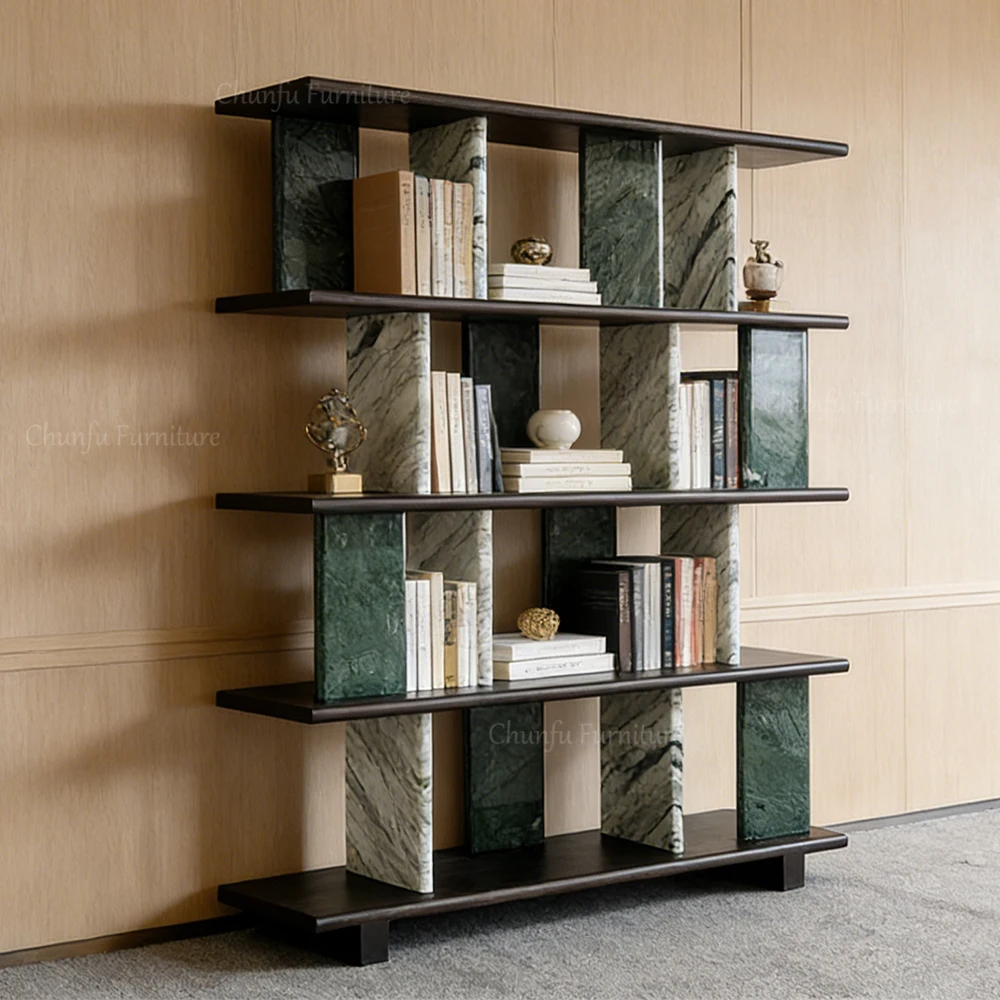 Estantería moderna de lujo con suelo de mármol verde natural y madera de Chunfu. 1