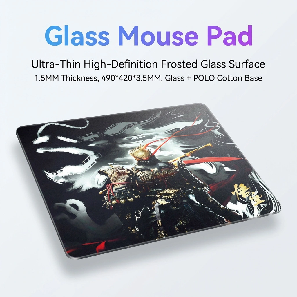Gaming glass mouse pad, Black Myth: Wukong theme, 1.5mm ultra-thin high-definition frosted glass surface, dimensions 490×420×3.5mm, glass + POLO cotton base