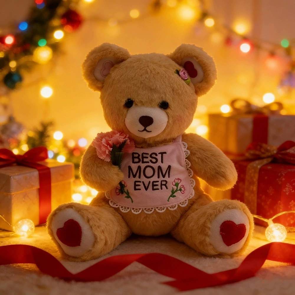 Ours en peluche pour la fête des mères, 30 cm, en polaire premium, avec bavoir « MEILLEURE MAMAN DU MONDE », idéal pour la décoration et les câlins. 1