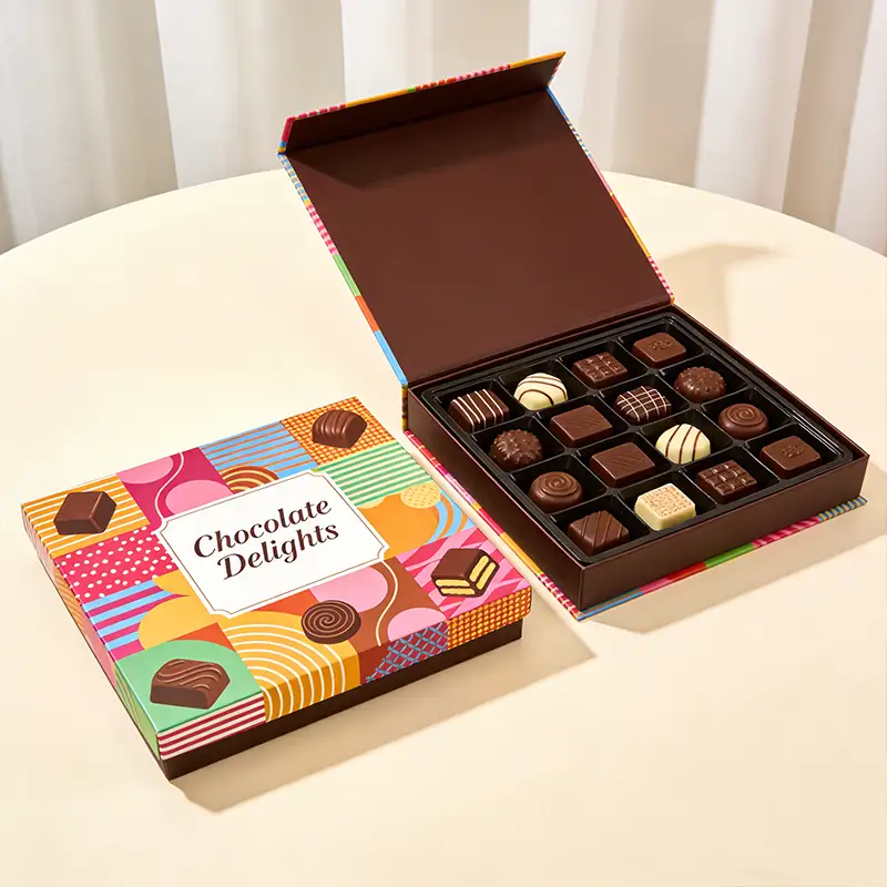 علبة هدايا فاخرة مربعة صلبة قابلة لإعادة التدوير، مزينة بشعار ملون مطبوع حسب الطلب وتغليف غير لامع، مناسبة للشوكولاتة 1