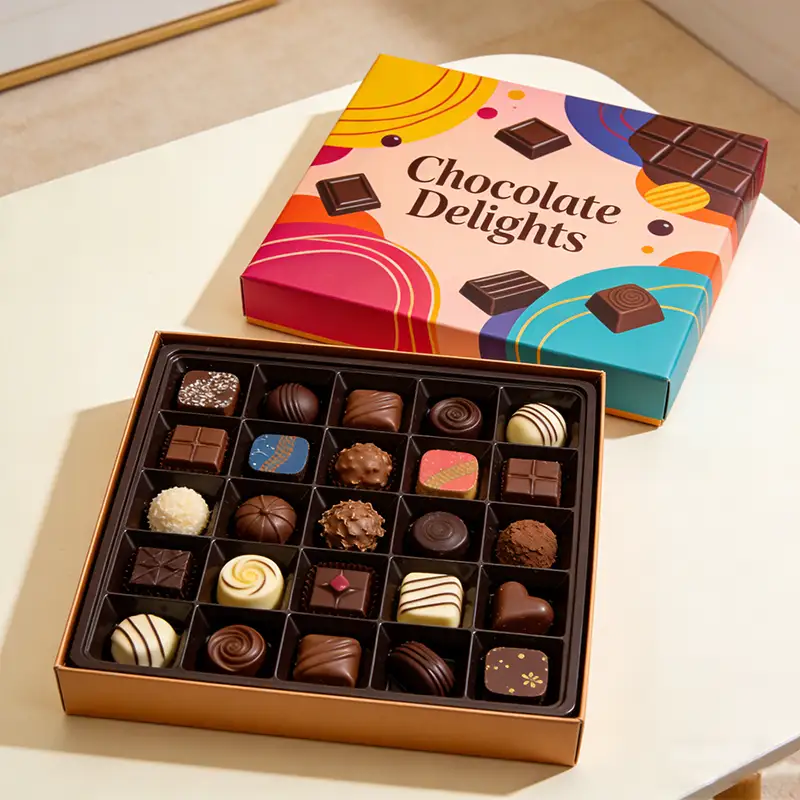 علبة هدايا شوكولاتة مربعة الشكل مصنوعة من ورق مقوى مموج قابل لإعادة التدوير عالي الجودة، مع تغليف فاخر بطبقة لامعة غير لامعة ونقش بارز. 1