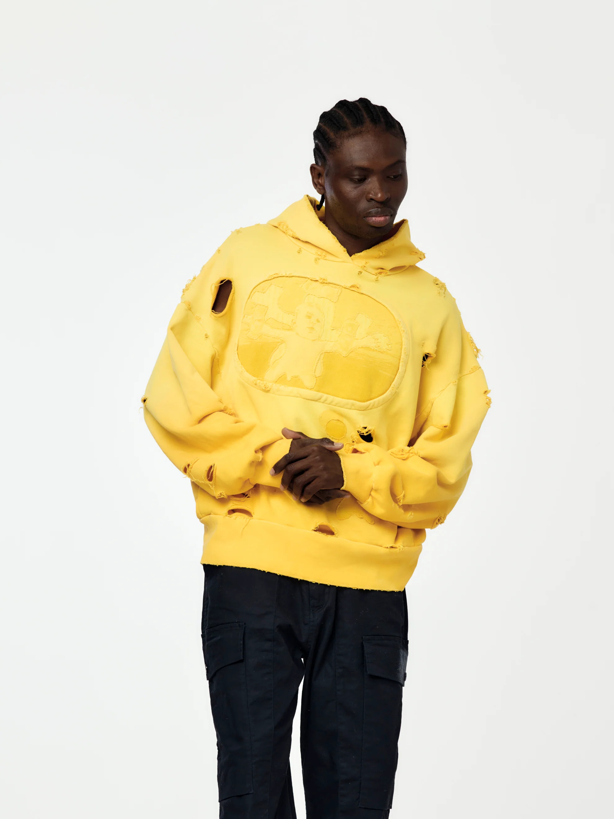 هودي أصفر للجنسين، مصنوع من القطن بنسبة 100%، بوزن 420 غرام/متر مربع، بتصميم عتيق مزين برسومات نيرفانا نيفرمايند مطرزة يدويًا. 1