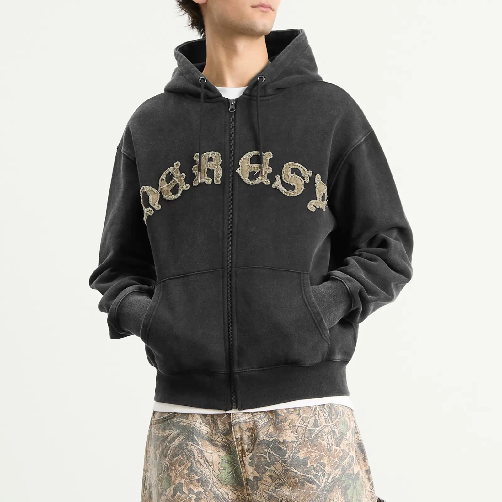 남녀공용 워싱 블랙 360GSM 100% 코튼 미드웨이트 풀집 후드티, 켈트 문자 자수 1