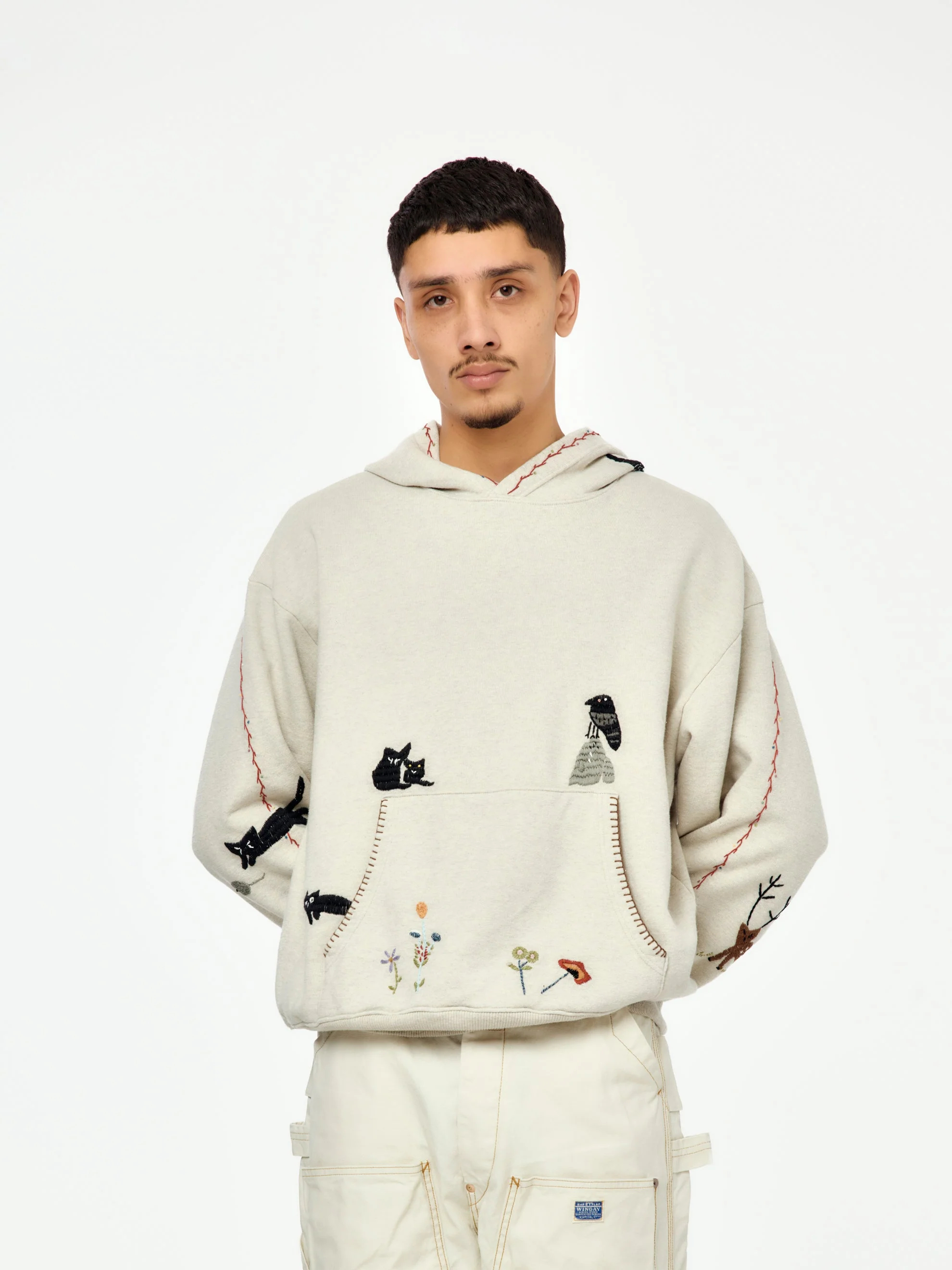 هودي للجنسين بلون بيج فاتح، مصنوع من قطن جيرسي مبطن بالفرو، بوزن 420 جرامًا للمتر المربع، مزين بتطريزات على شكل قطة وغراب وزهور. 1