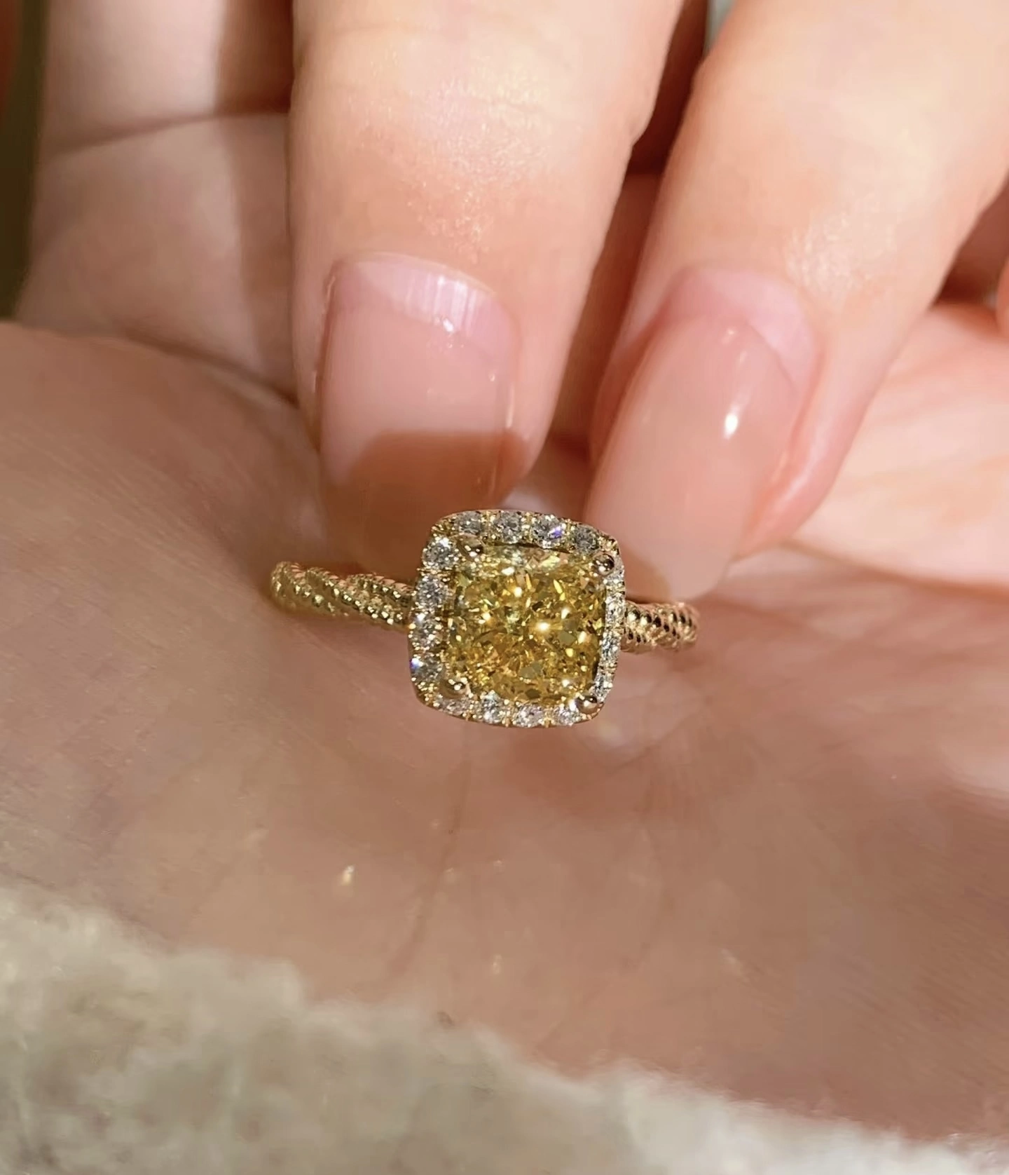 • 1.5ct Fancy Yellow Cushion Lab Diamond Ring | 18K Yellow Gold Halo Design 1
