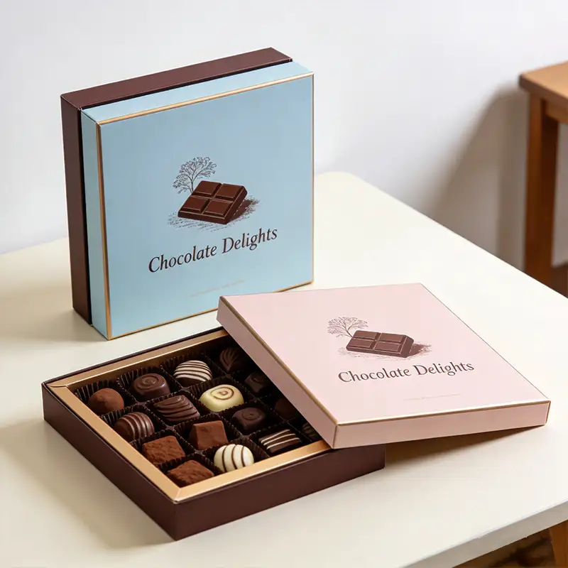 علب شوكولاتة فاخرة قابلة لإعادة التدوير، مصنوعة من ورق مقوى مربع مموج، مع غطاء وقاعدة، مثالية لتوزيعات حفلات الزفاف. 1