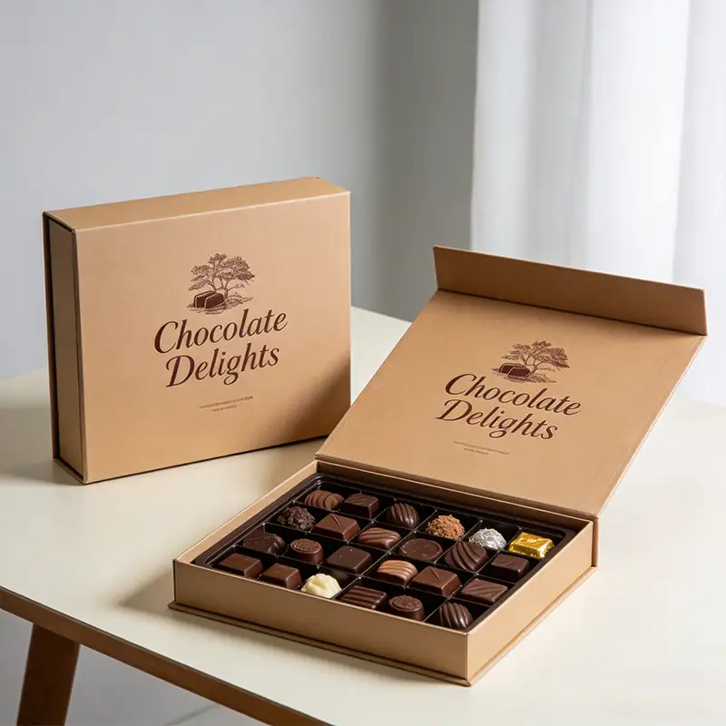 علبة هدايا شوكولاتة مربعة الشكل مصنوعة من ورق مقوى مموج قابل لإعادة التدوير، مزينة بشعار مخصص وطباعة ذهبية. 1