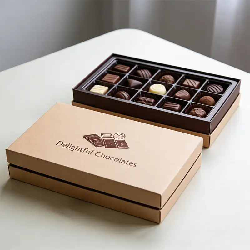 علبة هدايا فاخرة للشوكولاتة مصنوعة من ورق مقوى مموج قابل لإعادة التدوير، مربعة الشكل، ومغلفة بطبقة لامعة غير لامعة. 1