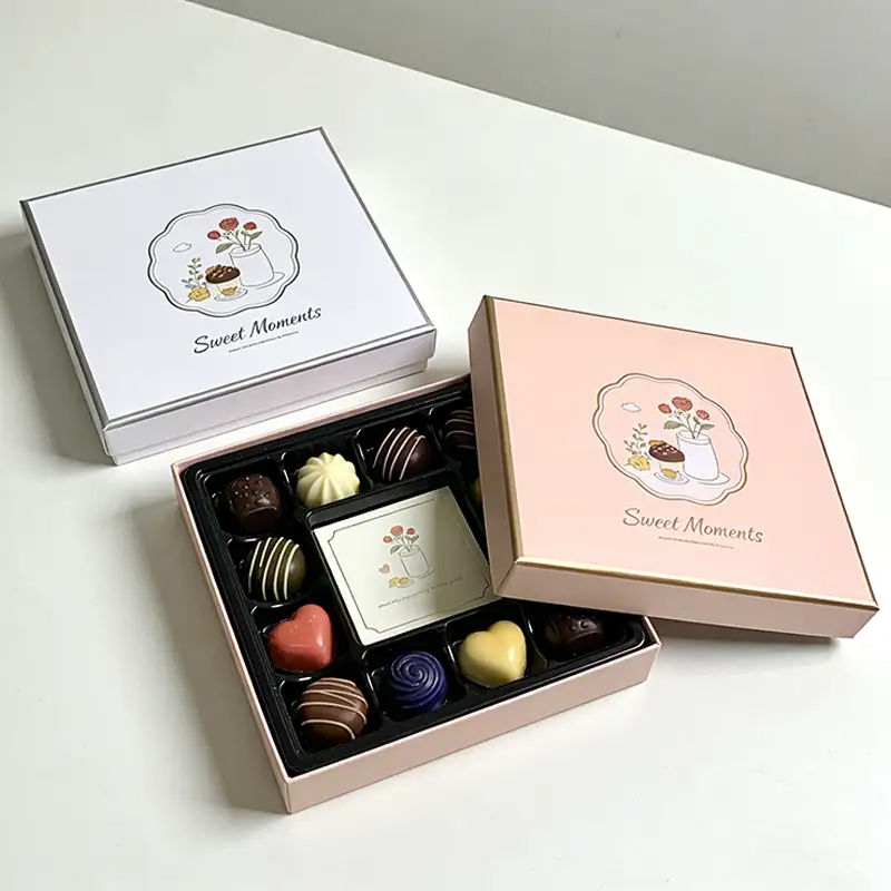 علب مربعة كبيرة من الورق المقوى الأبيض القابل لإعادة التدوير، مقسمة لتغليف الشوكولاتة، مع طبقة تغليف غير لامعة، علبة هدايا شوكولاتة بالحليب 1