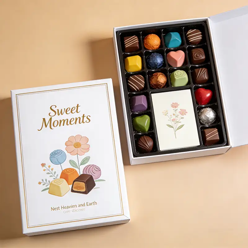 علب هدايا صغيرة فاخرة بتصميمات إبداعية مخصصة، مصنوعة من ورق مقوى مربع مموج وصديق للبيئة، مع شعار، وعلبة شوكولاتة فارغة غير لامعة. 1