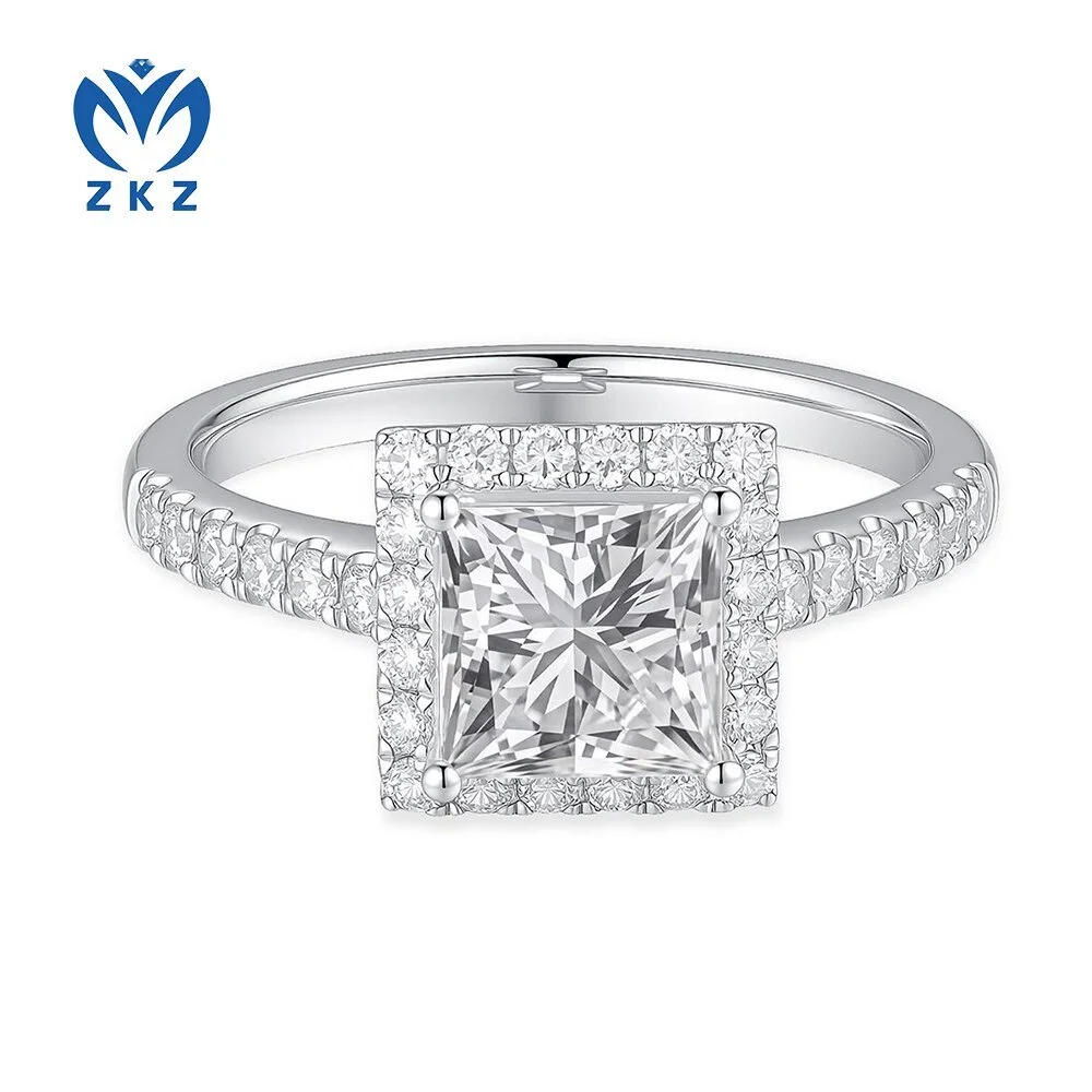 18K White Gold Engagement ring 1.53ct E VS1 Princess Cut Pave & Halo style Size US 6.75 ZKL-30 1