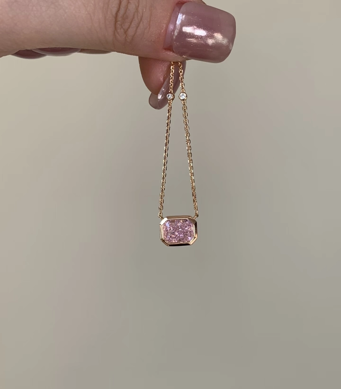 18K Rose Gold Sakura Pink Radiant Cut Lab-Grown Diamond Necklace 1