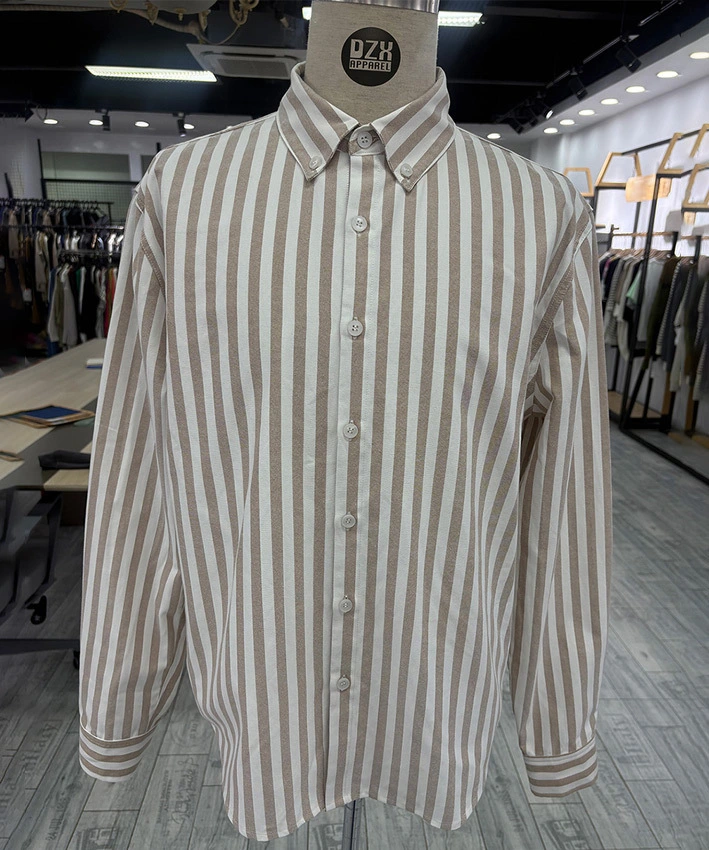 Men's Relaxed-Fit Khaki & White Stripe Button-Down Shirt | DZX Manufacturing Custom Production 1