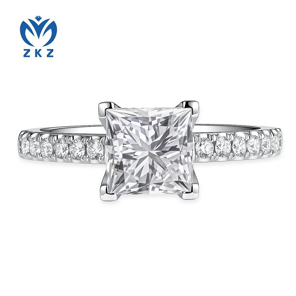 18K White Gold Single Diamond Four Prongs Engagement ring Princess Cut Pave style 1.61ct E VS1 Size US 7.25 ZKL-25 1