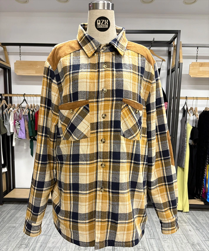 Men's Oversized Yellow & Navy Plaid Flannel Shirt with Suede Patches | TosinFashion Custom OEM/ODM 1