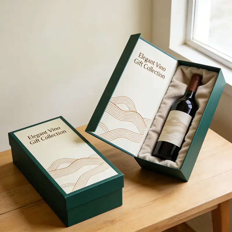 علب هدايا فاخرة للغاية بشعار مخصص، مزودة بإغلاق مغناطيسي وبطانة من الساتان، تتسع لزجاجتين من النبيذ. 1