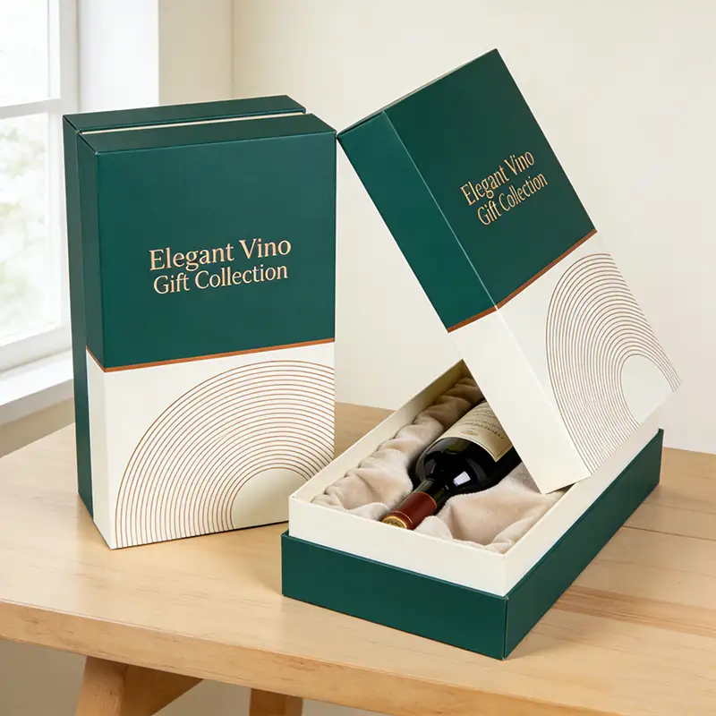 علب هدايا مربعة الشكل قابلة لإعادة التدوير ببابين، قابلة للتخصيص بشعار، لتغليف زجاجات النبيذ الأحمر المحمولة المصنوعة من الورق المقوى. 1