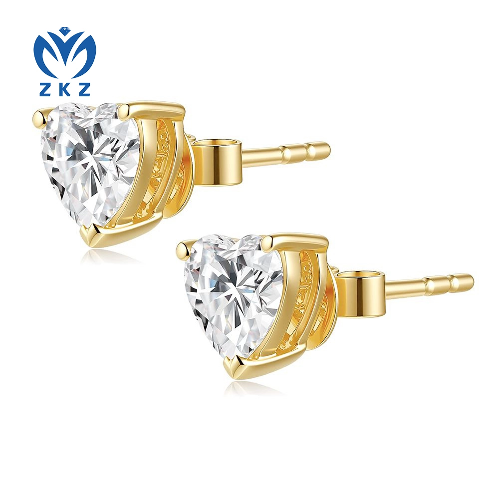 Heart Cut 18K Yellow Gold Single Diamond Three Prongs Earrings 1.25ct DEF VVS ZKZ-118 1