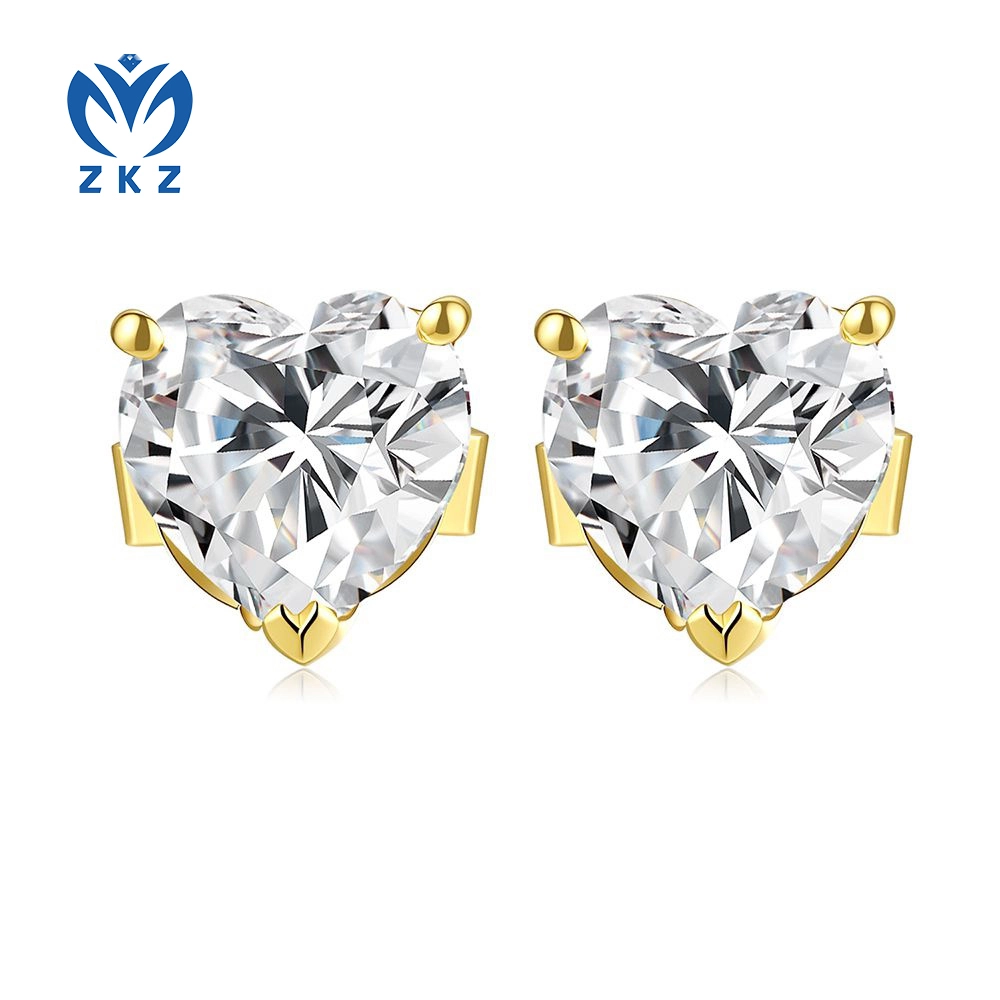 Single Diamond Three Prongs Heart Ear Studs Earrings 1.27ct DEF VVS Heart Cut 18K Yellow Gold ZKZ-118 1