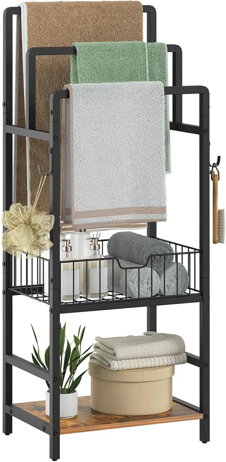 욕실 및 세탁실용 스탠드형 수건걸이, 담요걸이 (수건걸이 3개, 수납 바구니 및 선반 포함), 수건 고리, 담요 정리함 BA23064 1