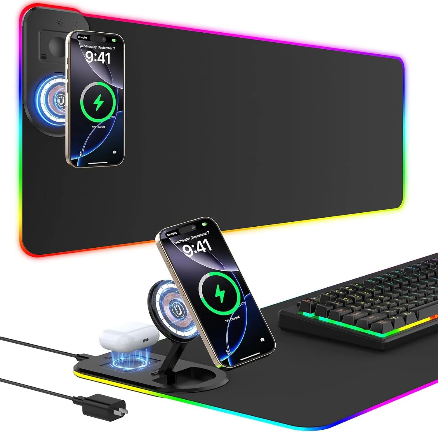 2-in-1 wireless charging RGB gaming mouse pad with magnetic phone stand, multi-device charging scene display