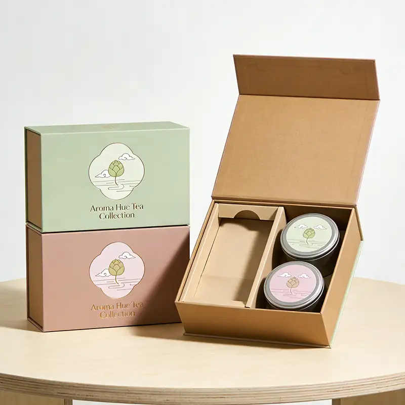 علب ورقية قابلة للطي مطبوعة بتقنية الأشعة فوق البنفسجية ومزينة بختم ذهبي، مثالية لتغليف هدايا أكواب الشاي والأكواب، مع إمكانية النقش البارز. 1