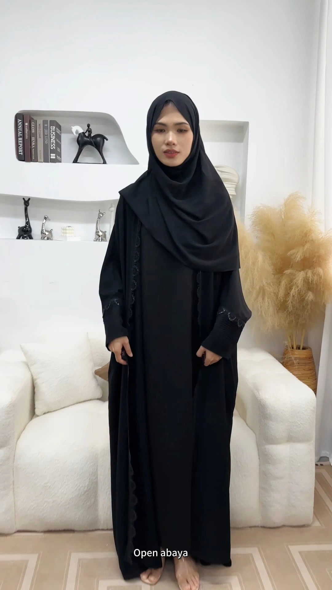 Dubai Arab Women's Robe Abayas Front Open Pleated Sleeve 1