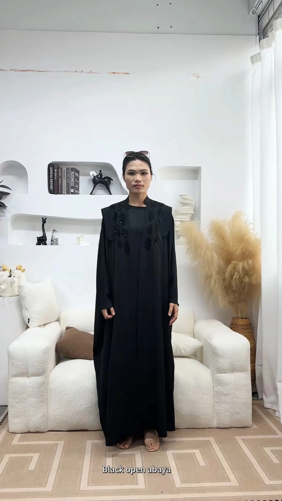 Modest Luxurious Black Gulf Abaya Dubai Beaded Front Open 1