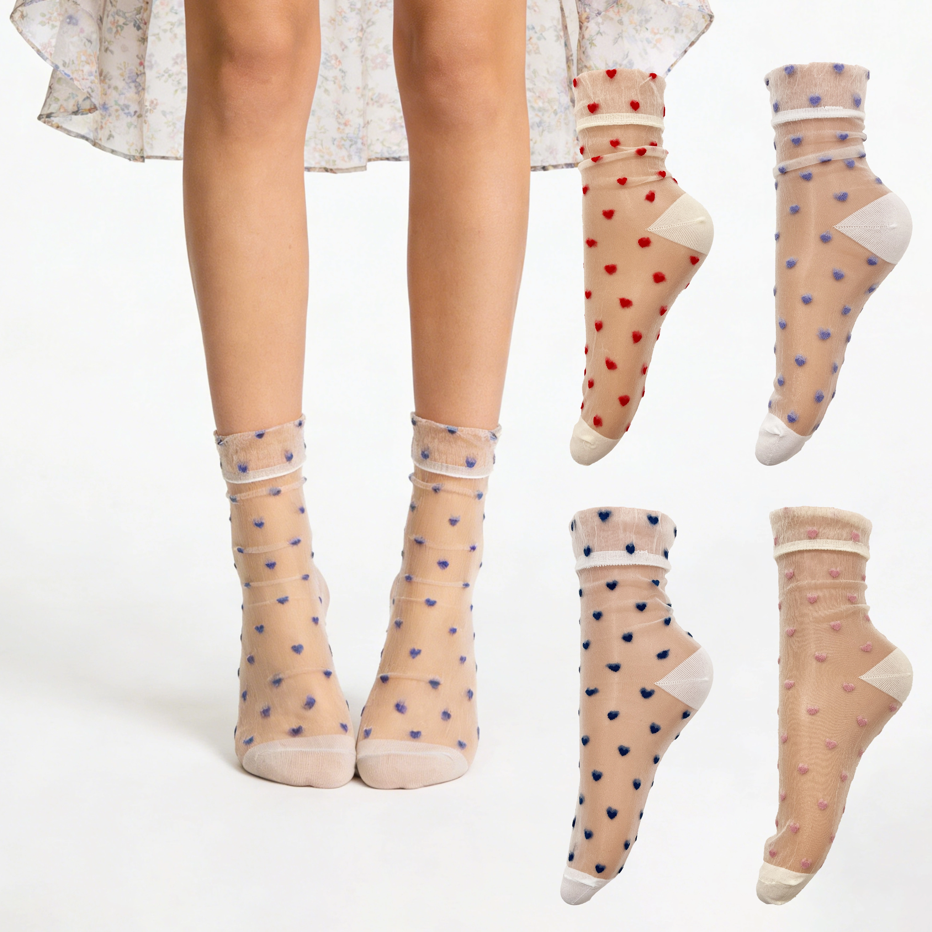 Оптовая продажа женских вязаных летних носков средней длины с дышащим эффектом, принтом в виде сердечек и оборками, милый дизайн. 1