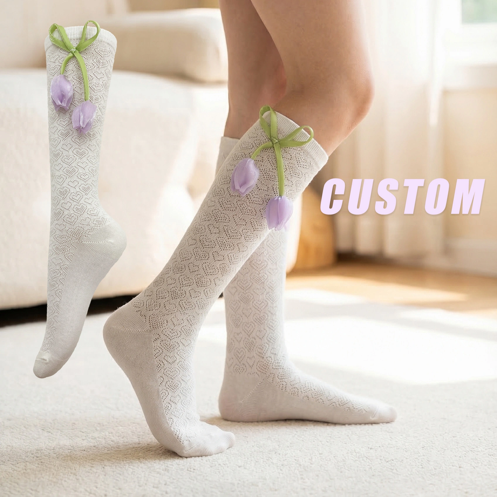 Детские носки с оборками на заказ, стильные носки до середины икры, милый дизайн HYC-148 1