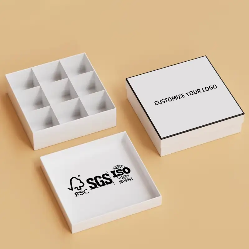 علبة هدايا مربعة بيضاء قابلة لإعادة التدوير، قابلة للتخصيص، بإغلاق مغناطيسي، مناسبة لشوكولاتة الترافل، مع بطانة إسفنجية لامعة. 1