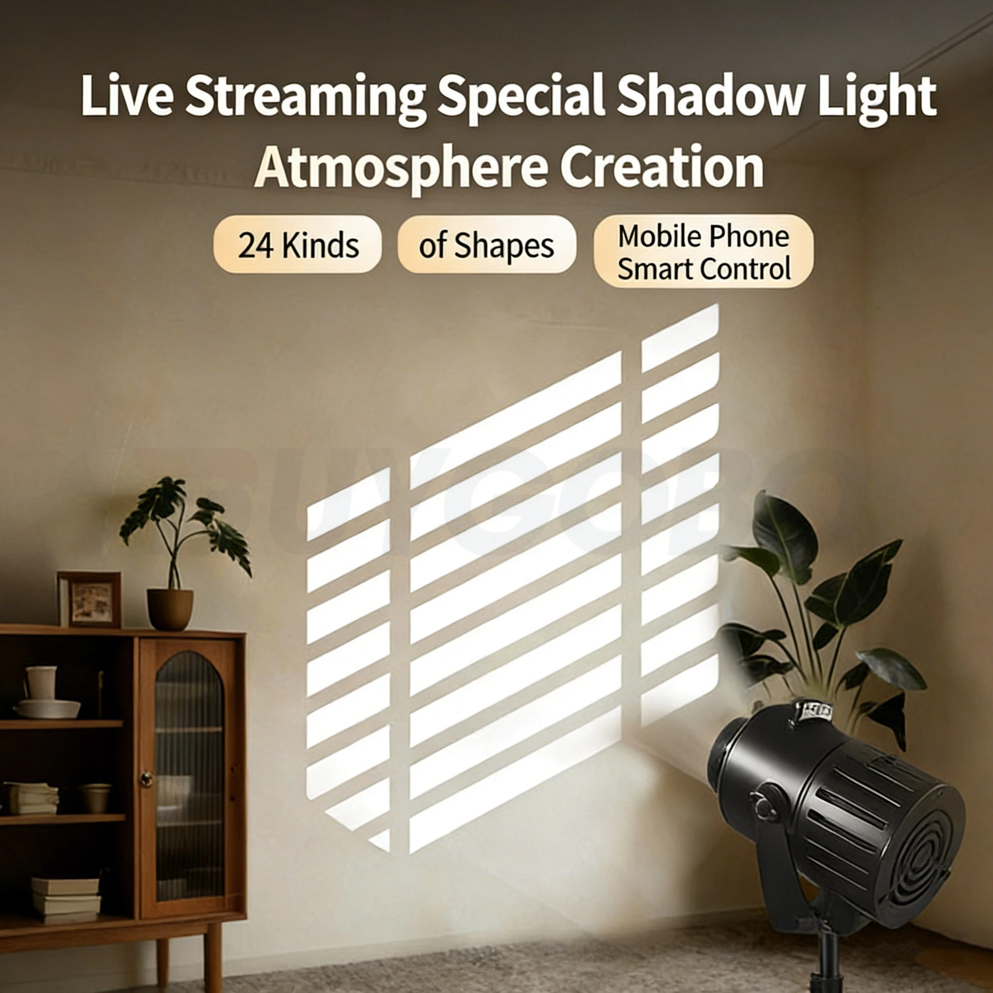 Прожектор для проекции в форме окна с 24 гобо-шаблонами, управлением по Bluetooth, регулируемой цветовой температурой и яркостью. 1